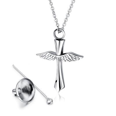 China skin-friendly & eco-friendly 316L stainless steel human angle wings cremation urn ashes jewelry cross necklace for sale