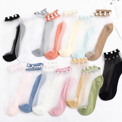 China Summer Antibacterial Wholesale Ladies Fashion Mesh Crystal Lace Breathable Ultra Thin Elastic Bead Sheer Socks for sale