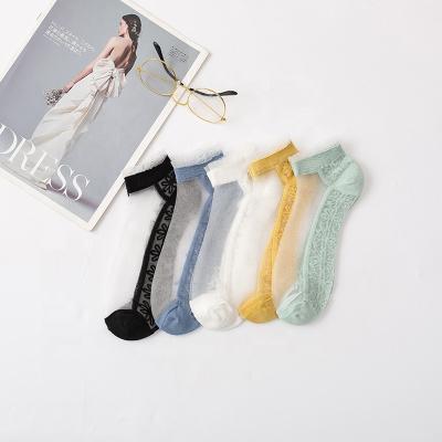 China Uron Anklet Antibacterial Pearl Glass Socks Transparent Womens Stockings Lace Up Socks for sale