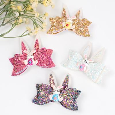 China 2022 Boutique Designer Cute New Easter Bunny Hair Clip Shiny Glitter Rabbit Ear Hair Bow Easter Bunny Hair Clips For Baby for sale