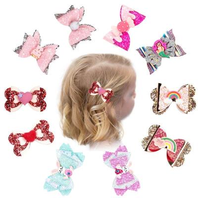 China Boutique 3inch Three Layer Chunky Glitter Bunny Mermaid Rainbow Girls Shiny Hair Clip Cute Baby Hair Bow Hair Clips for sale