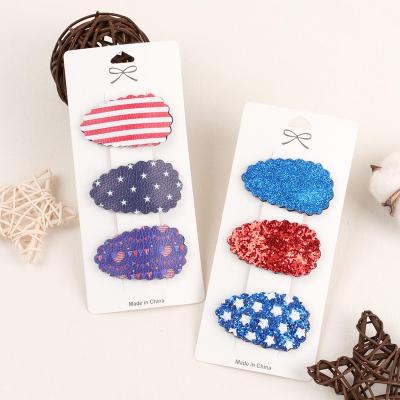 China Baby Hair Decoration 3pcs/set Soft Leather Star Flag Barrettes Glitter Sweet Babies 4th of July Independence Day Hair Clips Hair Clips for sale