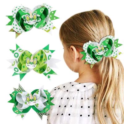 China Print 5inch Ribbon Hair Bow Lucky Clover Swallow Tail Hair Clip Eco-friendly Designer New Unicorn Girls Hair Clip For St Patrick's Day for sale