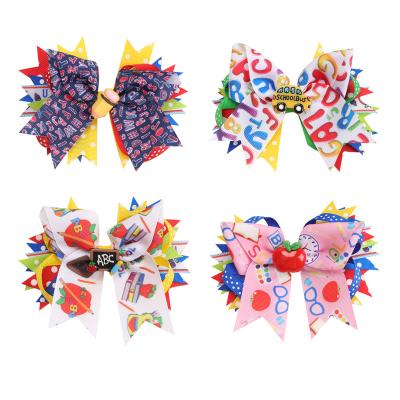 China 4 Inch Print Chart Grosgrain Hair Bow Pencil Hair Part Clips First Day Of School Back To School Hair Pins For Kids for sale