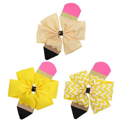 China New Design Popular Fashion Pencil Sunshine Yellow Back-to-School Hair Accessories Grosgrain Ribbon Hair Bows For Kids Girls for sale