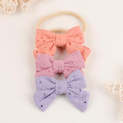 China 3pcs/set Sweet Floral Hollow Out 3 Inch Hair Cloth Bow Hair Accessories Soft Nylon Elastic Band Embroidery For Babies Headband for sale