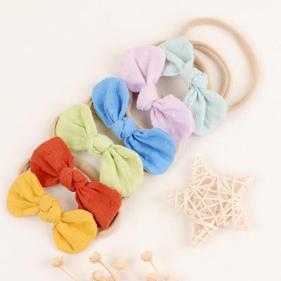 China Boutique 3pcs/set Soft Bow Cotton Hair Flower Embroidery Nylon Elastic Hair Accessories For Lovely Babies Headband for sale