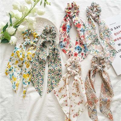 China Elegant Fashion Bow Ponytail Hair Scrunchies Long Chiffon Tie Hair Ribbon Korean Floral Print Soft Elastic Headband for sale