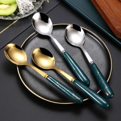 China New Arrival Promotion Ceramic Stainless Steel Marble Handle Spoon Set Sustainable Korean Gold Silver Optional for sale