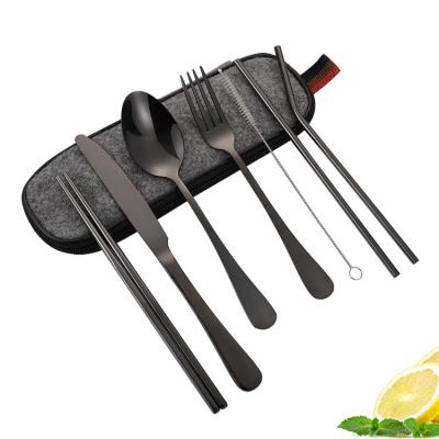 China Viable Hot Selling Stainless Steel 7 Piece Black Cutlery Set Straw Portable Travel Cutlery Set Reusable With Felt Bag for sale