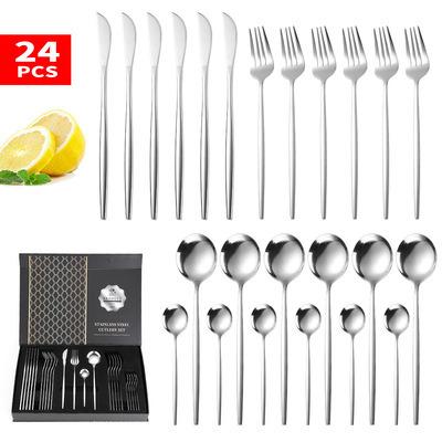 China New Product Listing Viable Black Stainless Steel Cutlery Set Premium Stainless Steel Cutlery 24pcs Set With Gift Box for sale