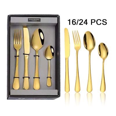 China Sustainable Top Tier 16/24-Piece Set Gift Box Flatware Steak Knife Fork Spoon Western Teaspoon Set Gold Color Black Flatware for sale