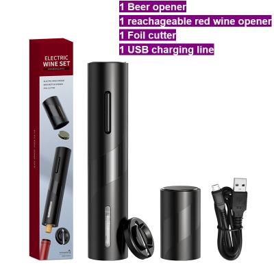 China Wedding Gift Rechargeable Corkscrew Electric Stocked Wine Opener Gift Set with Aluminum Cutter and Pourer Bottle Cork for sale