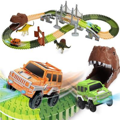 China Slot Toy Good Quality Eagle Stone 7298 Kids Car Dinosaur Race Track Toys Electric Toy Cars Play Set With LED Lights Toy Vehicle For Kids for sale