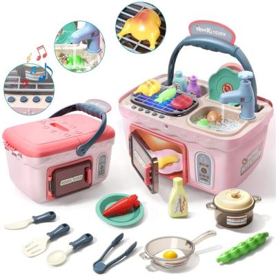 China Pretend Play Factory Price CS607002 Cute Stone Kids Pretend Play Picnic Basket Toys Portable Kitchen Game Set With Music And Light for sale