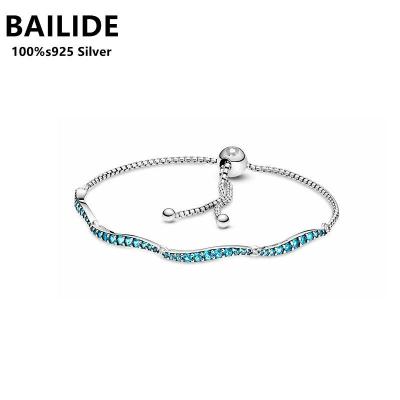 China CLASSIC Women's Sterling Silver Wave-Shaped Blue Ocean Adjustable Chain Bracelet for sale