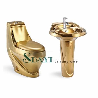 China Double-Flow Bathroom Toilet Set Gold Color WC Ceramic One Piece Toilet Bowl for sale