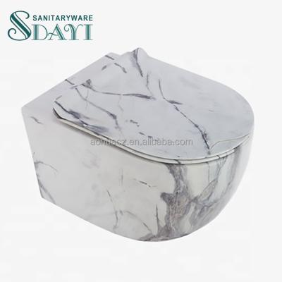 China Hidden Tank SDAYI Stone Marble Design Rimless Flush Wall Hung Toilet Basin P-trap Wash Down Flush WC Round Shape Toilet Bathroom for sale