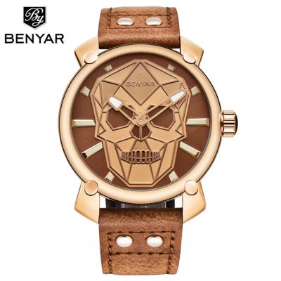 China Newest Arrival Water Resistant BENYAR 5132 Luminous Watch With Skull Design Men Wristwatch Sports Chronograph Quartz Genuine Leather Watch for sale