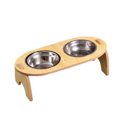 China Wholesale Automatic Pet Cat Dog Wood Ceramics Stainless Steel Slanted Bowl Drinking Feeding Bowl for sale