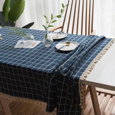 China Factory price modern simple design navy blue table lattice fabric with tassels for sale