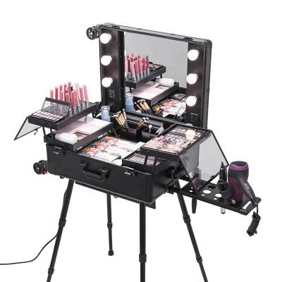 China Fashoion Trolley Makeup Artist Case Professional Rolling Rotating LED Make Up Studio Case for sale