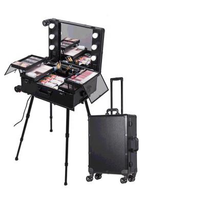 China Fashoion Trolley Makeup Case with Full-Screen Mirror and Adjustable Legs LED Director Chair Heavy Duty Folding Makeup Artist for sale