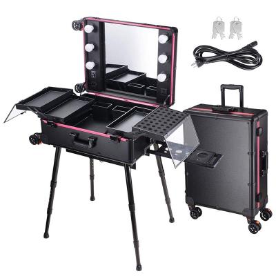 China Fashoion Rolling Studio Cosmetic Makeup Artist Case with 6x 40W LED Bulb Leg Adjustable Mirror Train Cosmetic Blackboard for sale