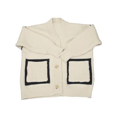 China new autumn and winter sweater Anti-wrinkle knitted jacquard striped pocket women's two-color cardigan for sale