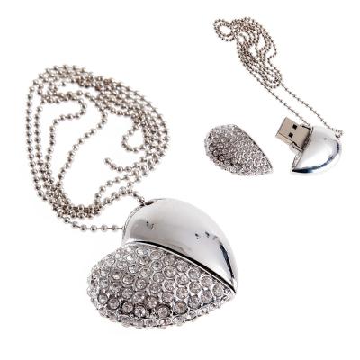 China Metal and Crystal Heart Shape Crystal USB 2.0 Flash Drive Memory Stick Silver Diamond Necklace 32G Gifts for sale