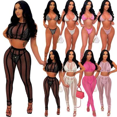 China L308 Summer Breathable Hot Selling Diamond Mesh Swimsuits Sexy Drilling Women's Beach Bikini Swimsuits 4 Piece Sets for sale