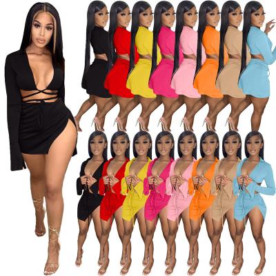 China New Design L295 Summer Breathable Crop Tops Solid Color Two Piece Sets Dress Set Women Casual Dress Skirt Skirt Two Piece Sets for sale