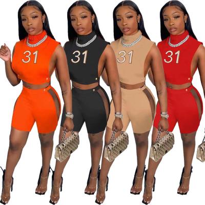 China DN8666 Breathable Summer Women Wholesale Number Hollow Out 2 Piece Sets Embroidery Tank Tops Tracksuits Equipments 2 Piece Jogger Fitness Set for sale