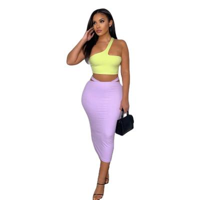 China S238118W Wholesale Breathable Clothing Women Fashion Set One Shoulder Crop Top Skirt Sexy Bodycon 2 Piece Outfit Women Dress Sets 2022 for sale