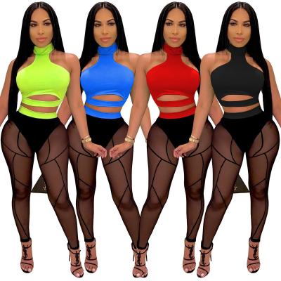 China C3650 New C3650 New Hot Selling Autumn Breathable Mesh Top Sexy Sleeveless Bodycon Halter Hollow Out 2 Piece Set Women Clothing for sale