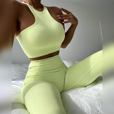 China S165480W New Arrival Breathable Women Shape Yoga Leggings Crop Top 2 Pieces Sets Fitness Waist Yoga Ribbed Bodycon Pants for sale