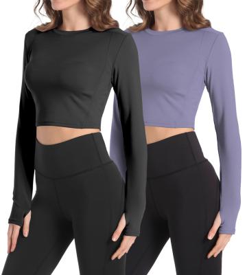 China Women's Breathable 2 Pack Crop Top Long Sleeve Seamless Workout Sporty Shirts Cropped Sweatshirts Gym Yoga Top With Thumb Hole for sale