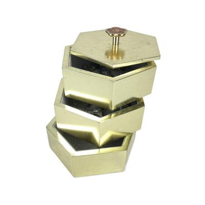 China Custom European three-layer storage box hand paste aluminum metal effect hexagonal hexagonal jewelry box for sale