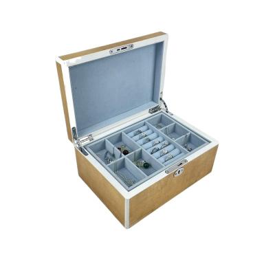 China Metal Handmade Lock Matte Natural Wood Leather Jewelry Box With White Edge for sale