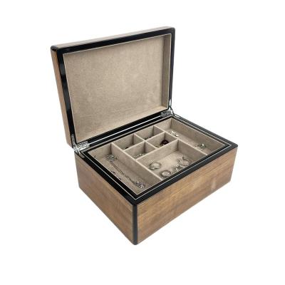 China Jewelry Packaging Jewelry Display Custom Natural Veneer, Black Highlight Edge, Double-Layer Wooden Jewelry Box With Trays for sale