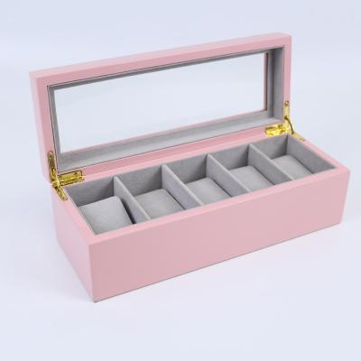 China Europe 5 Watch Cases Jewelery Box Pink High Gloss Wooden Jewelry Glass Display Box for sale