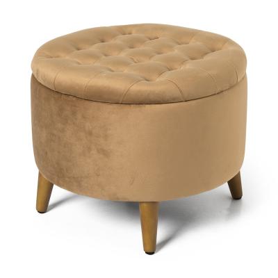 China VK-3006 Storage Brown Color Tufted Velvet Round Oversized Storage Upholstery Stool With Wooden Legs for sale