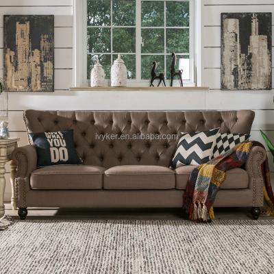 China VK-2226 Brown Color Three Button Tufted Seat European Sofa With Detachable Cover Foam Filling Cushions for sale