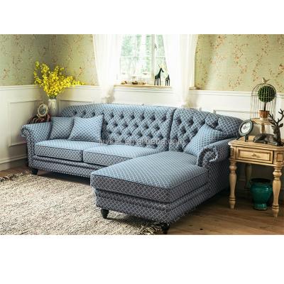 China VK-2216 Living Room VK-2216 Furniture Model Cotton Luxury Material Blue Tufted Villa Corner Left And Right Chaise Sofa for sale