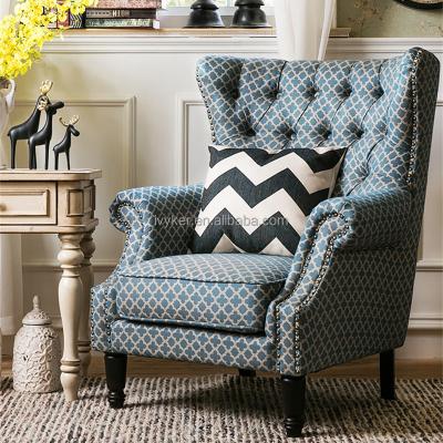 China VK-2202 Europe style sofa chair furniture extended blue wing chair with stool fabric upholstery armchair for sale