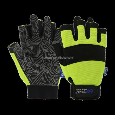 China Dual Grip Reflective Visible Anti-vibration Double Mechanic Stitching PU Logo Half-Finger Microfiber Synthetic High Grip Impact Safety Gloves for sale