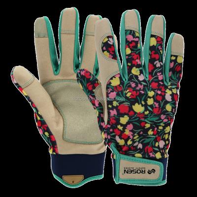 China Ladies Double-stitched Genie Flower Printed Rose Pruning Synthetic Leather Palm Cut Resistant Garden Flower Work Gloves For Women for sale