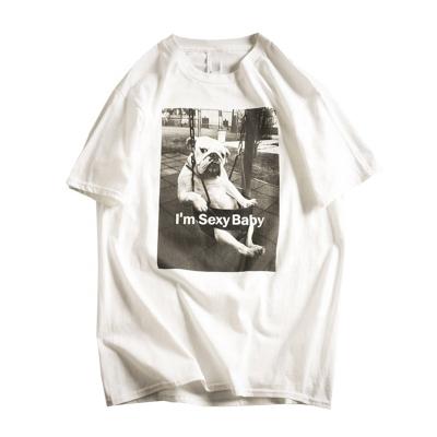 China Anti-pilling Summer hip hop dog print polyester loose Korean men's white pattern short sleeve T-shirt and cotton inventory crew neck T-shirt for sale