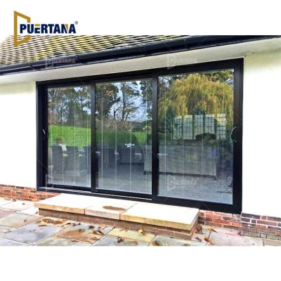 China Exterior Anti-Theft Hide Sliding Aluminum Triple Track Stacking Patio Door Aluminum Multiple Sliding Doors Built In Integral Blinds for sale