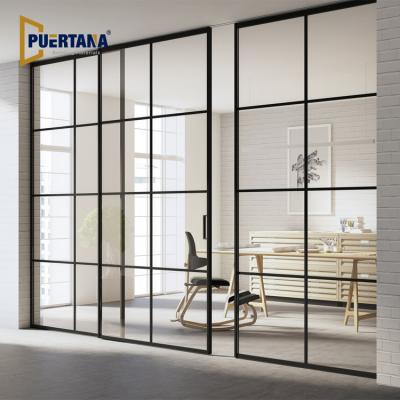 China Sound Insulation Three-Four-Five Linkage Extremely Shrink Sliding Glass Door Partition Wall Aluminum Telescopic Interior Glass Room Divider for sale